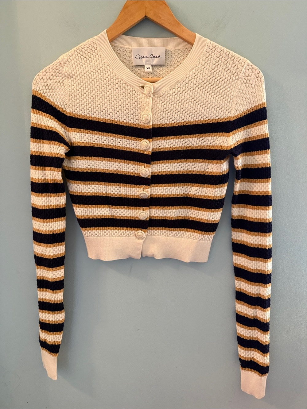 Cara Cara Cream, Navy & Tan Striped Cropped Cardigan - XS